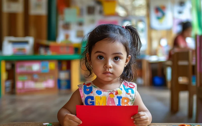 photo-young-girl-kindergarten-sitting-table-holding-piece-paper